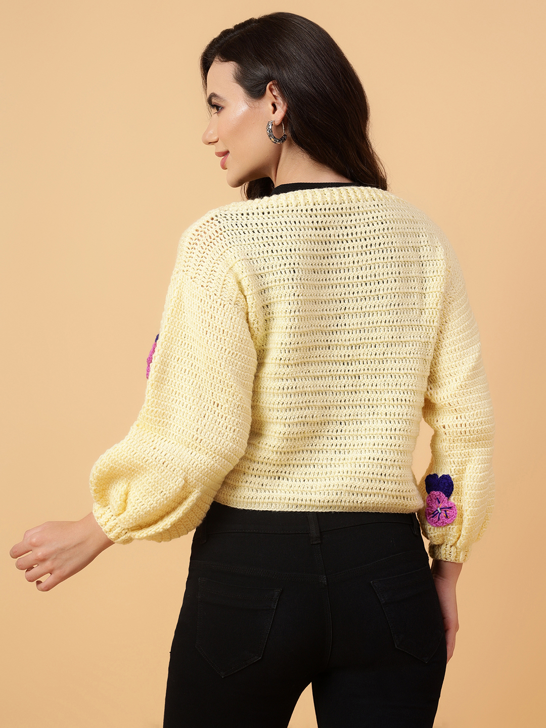Velvery Handmade Cream & Multi Crochet Tulip V-Neck Cardigan