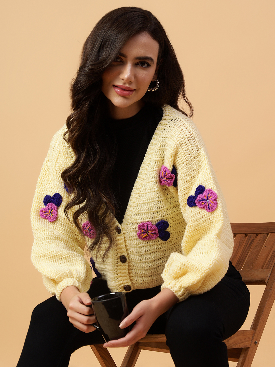 Velvery Handmade Cream & Multi Crochet Tulip V-Neck Cardigan