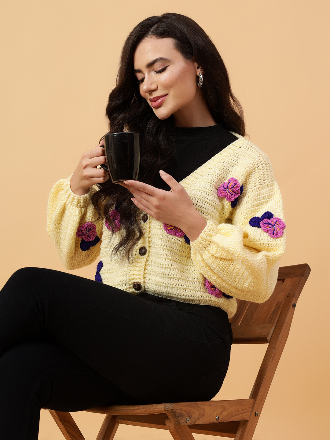 Velvery Handmade Cream & Multi Crochet Tulip V-Neck Cardigan