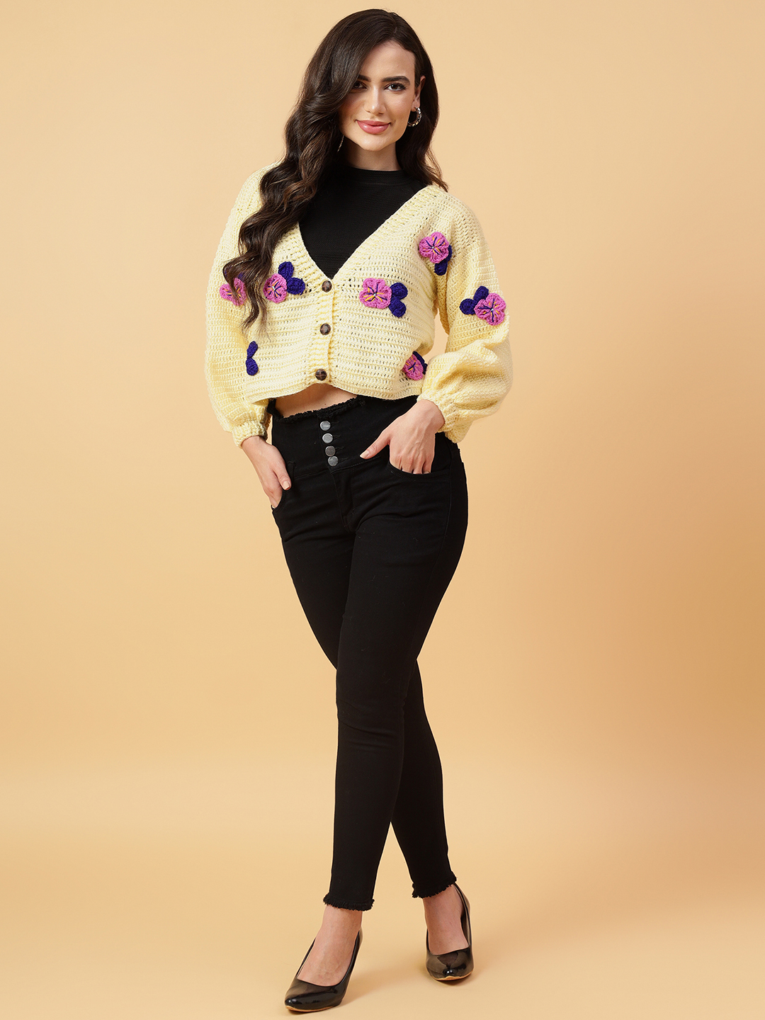 Velvery Handmade Cream & Multi Crochet Tulip V-Neck Cardigan