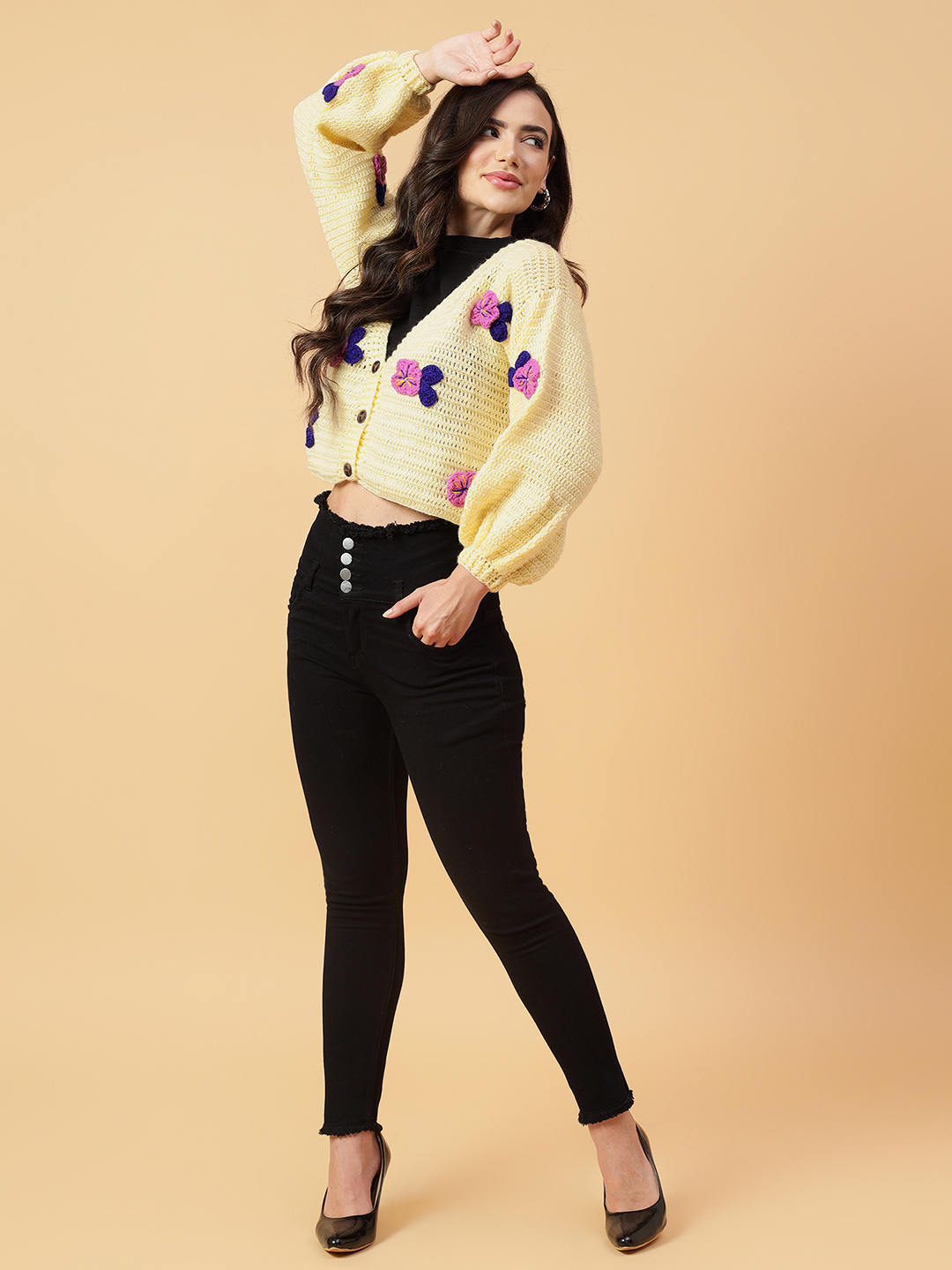 Velvery Handmade Cream & Multi Crochet Tulip V-Neck Cardigan