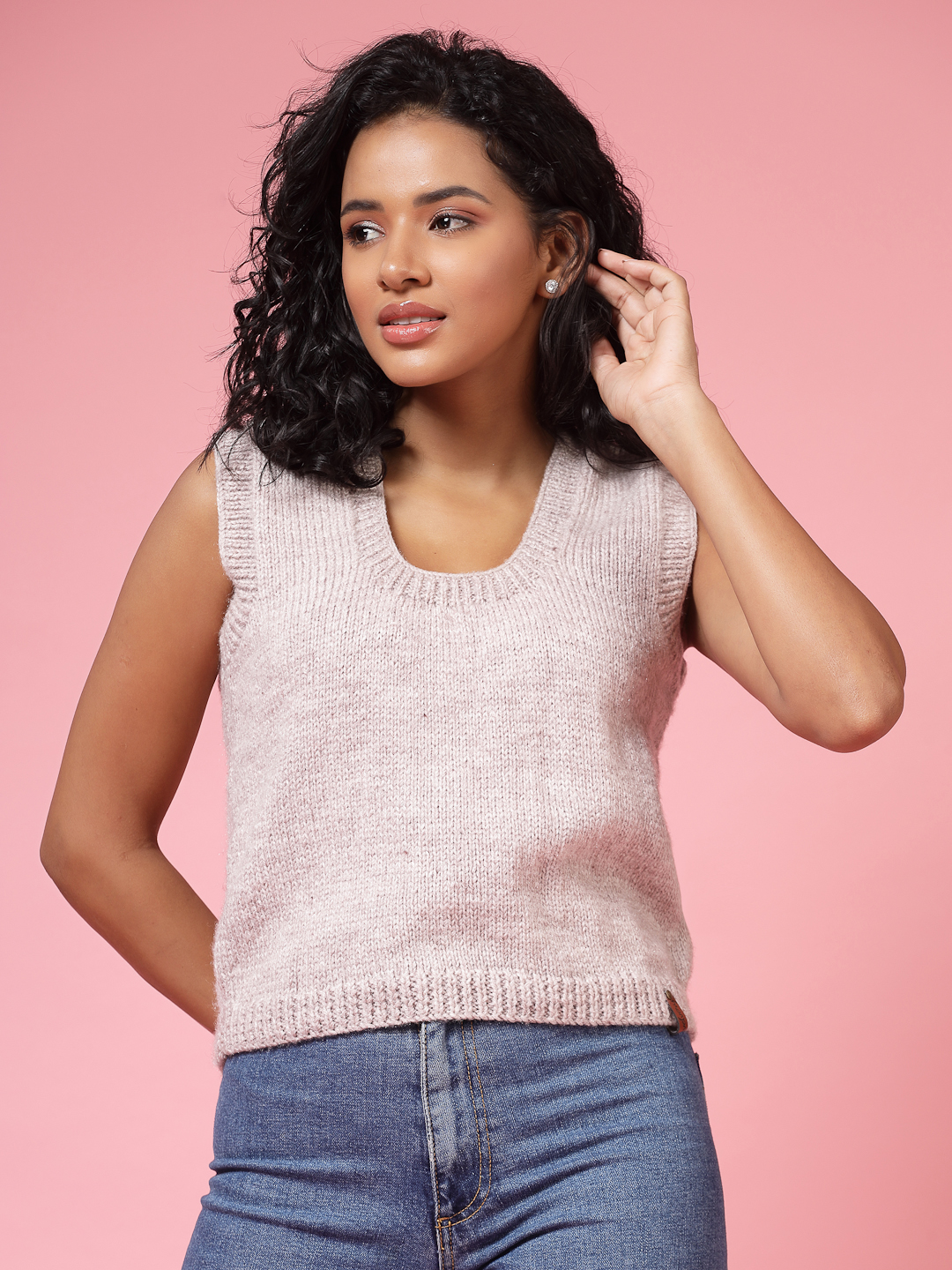 Velvery Handmade Grey Handknitted Round Neck Sweater Vest