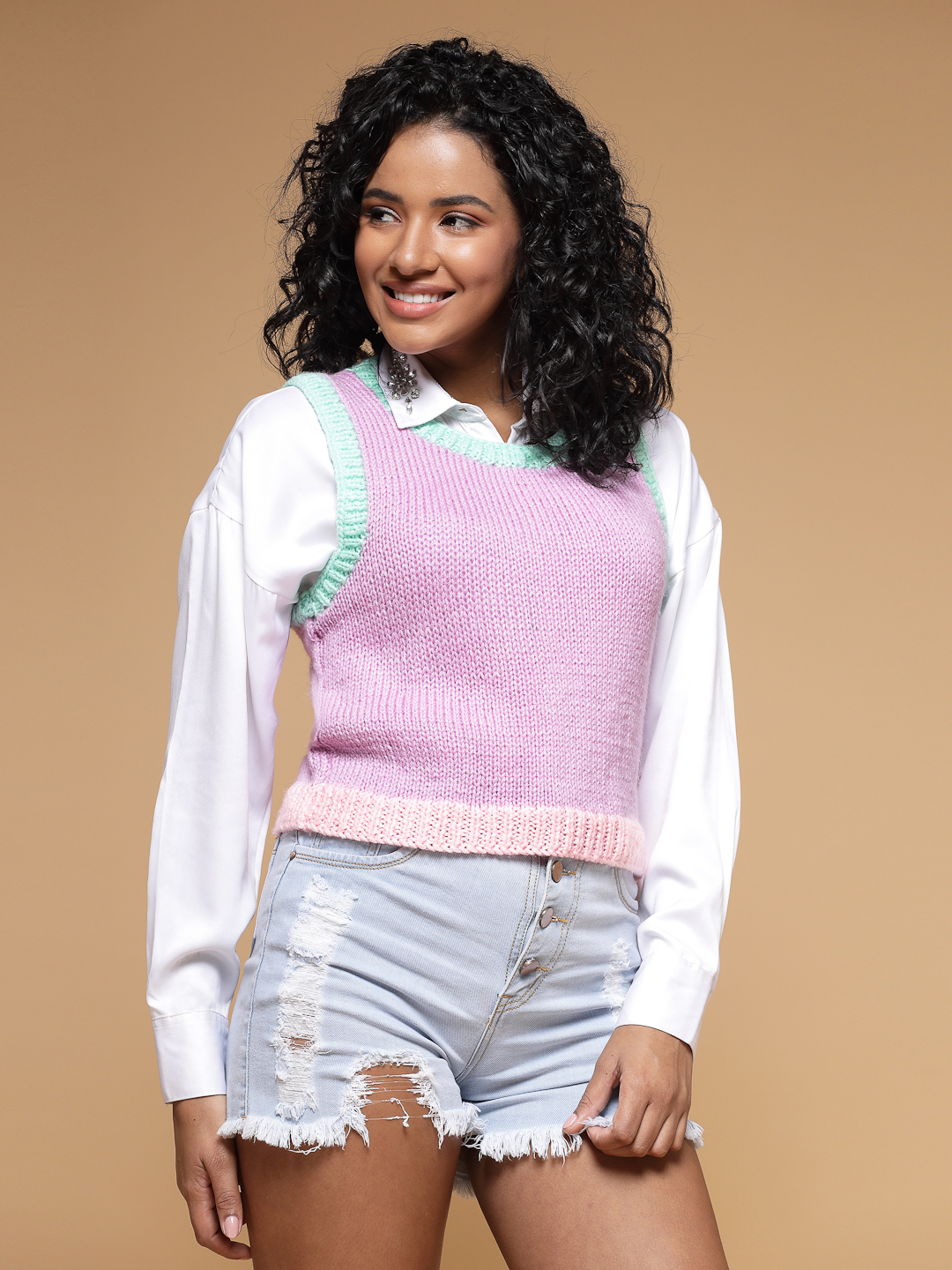 Velvery Handmade Purple Handknitted Round Neck Sweater Vest