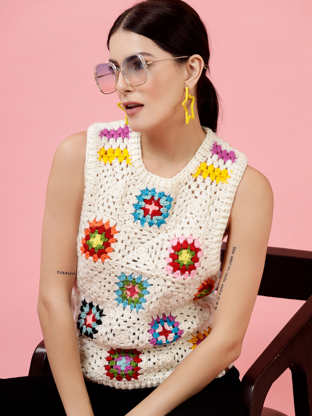 Velvery Handmade Cream & Multi Granny Square Round Neck Sweater Vest