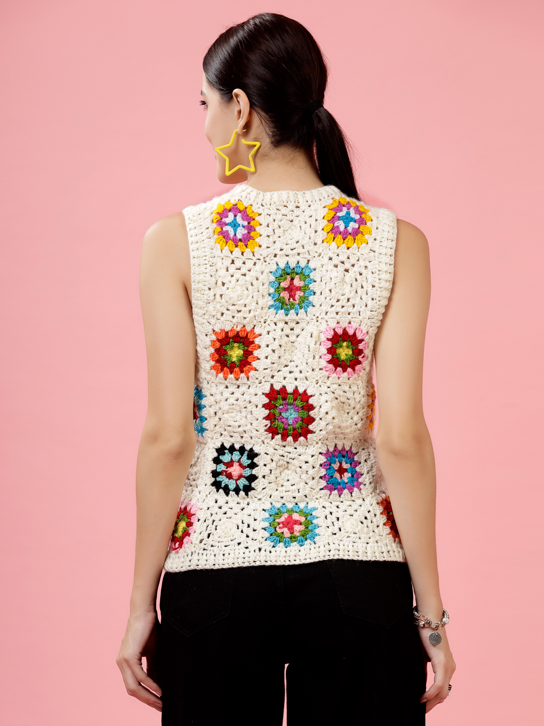 Velvery Handmade Cream & Multi Granny Square Round Neck Sweater Vest