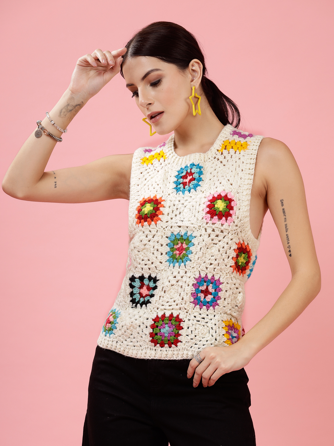 Velvery Handmade Cream & Multi Granny Square Round Neck Sweater Vest