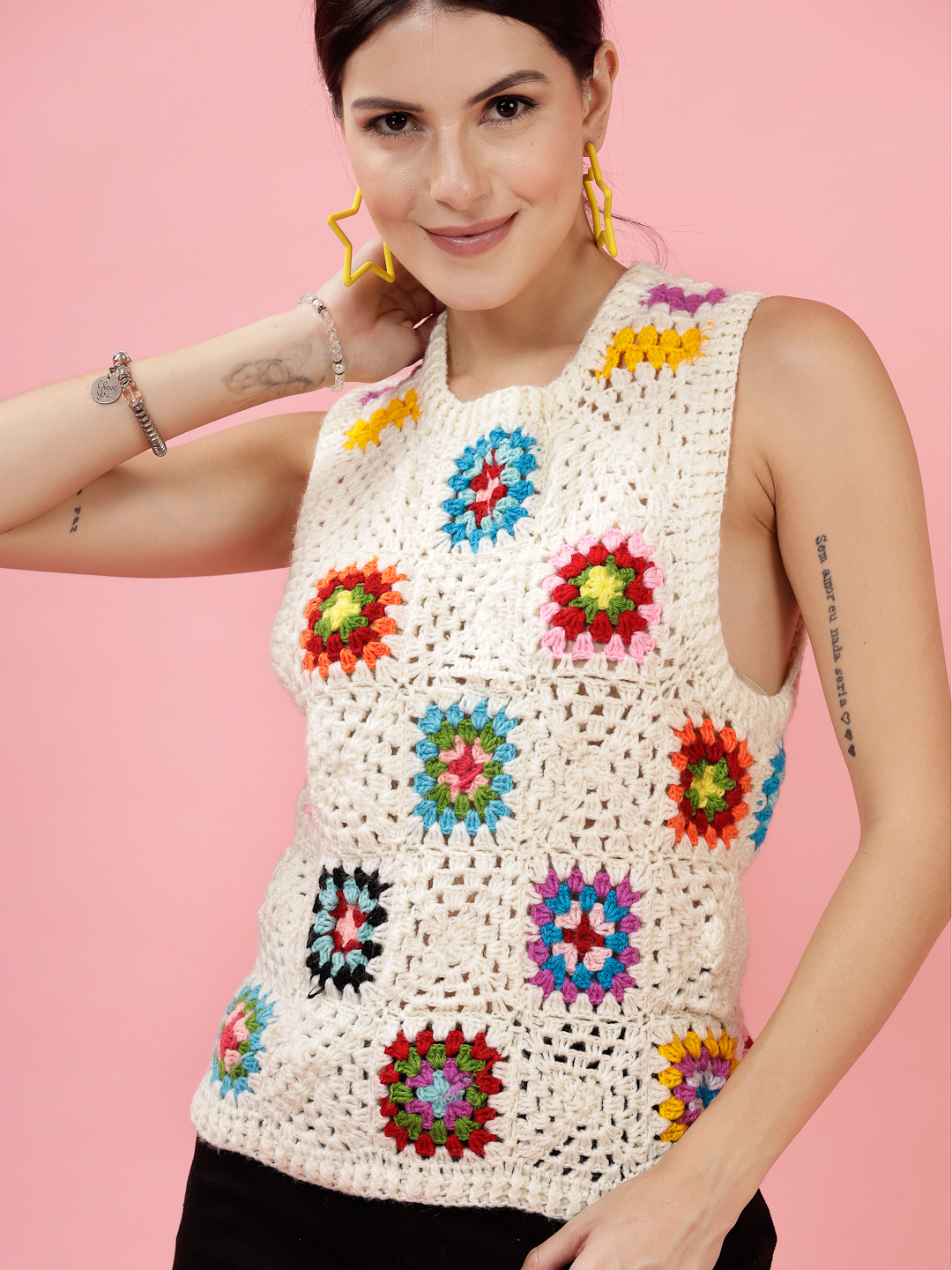Velvery Handmade Cream & Multi Granny Square Round Neck Sweater Vest