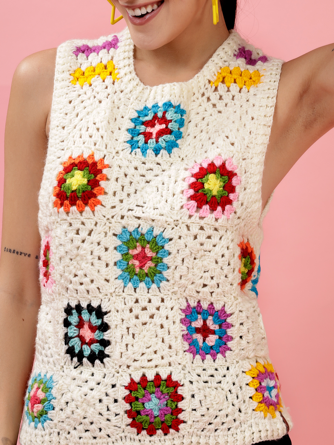Velvery Handmade Cream & Multi Granny Square Round Neck Sweater Vest