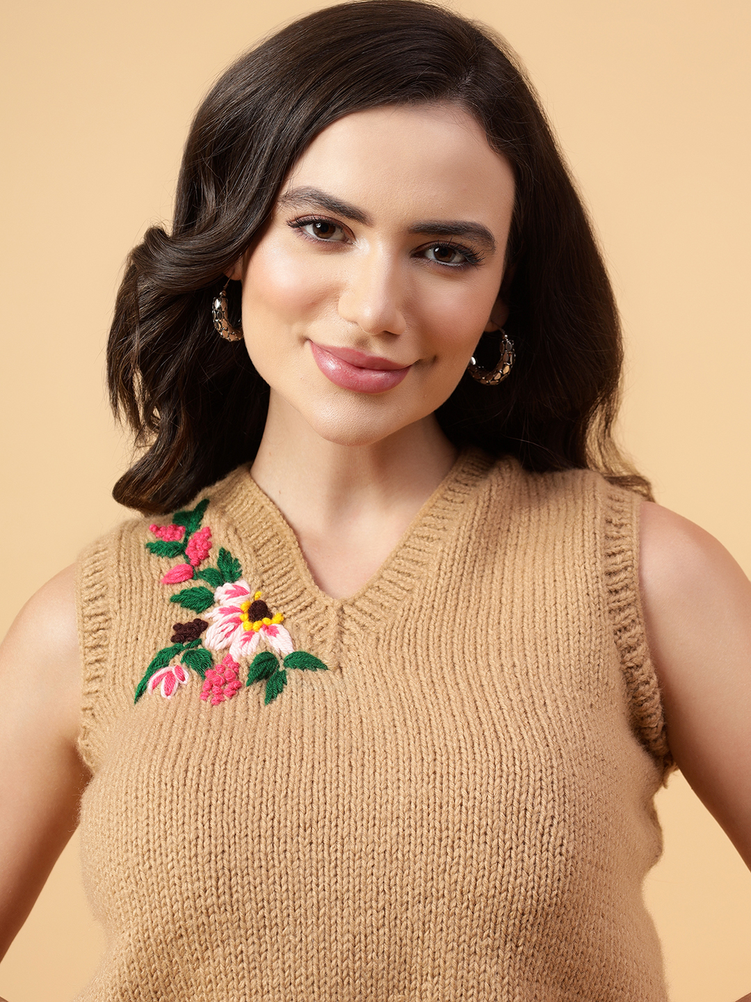 Velvery Handmade Brown Handknitted Embroidered V-Neck Sweater Vest