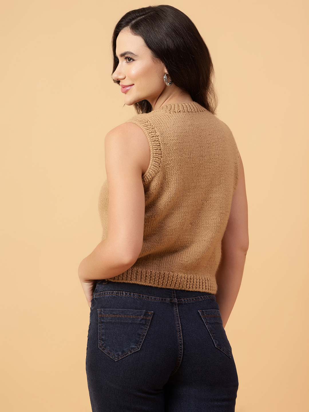 Velvery Handmade Brown Handknitted Embroidered V-Neck Sweater Vest