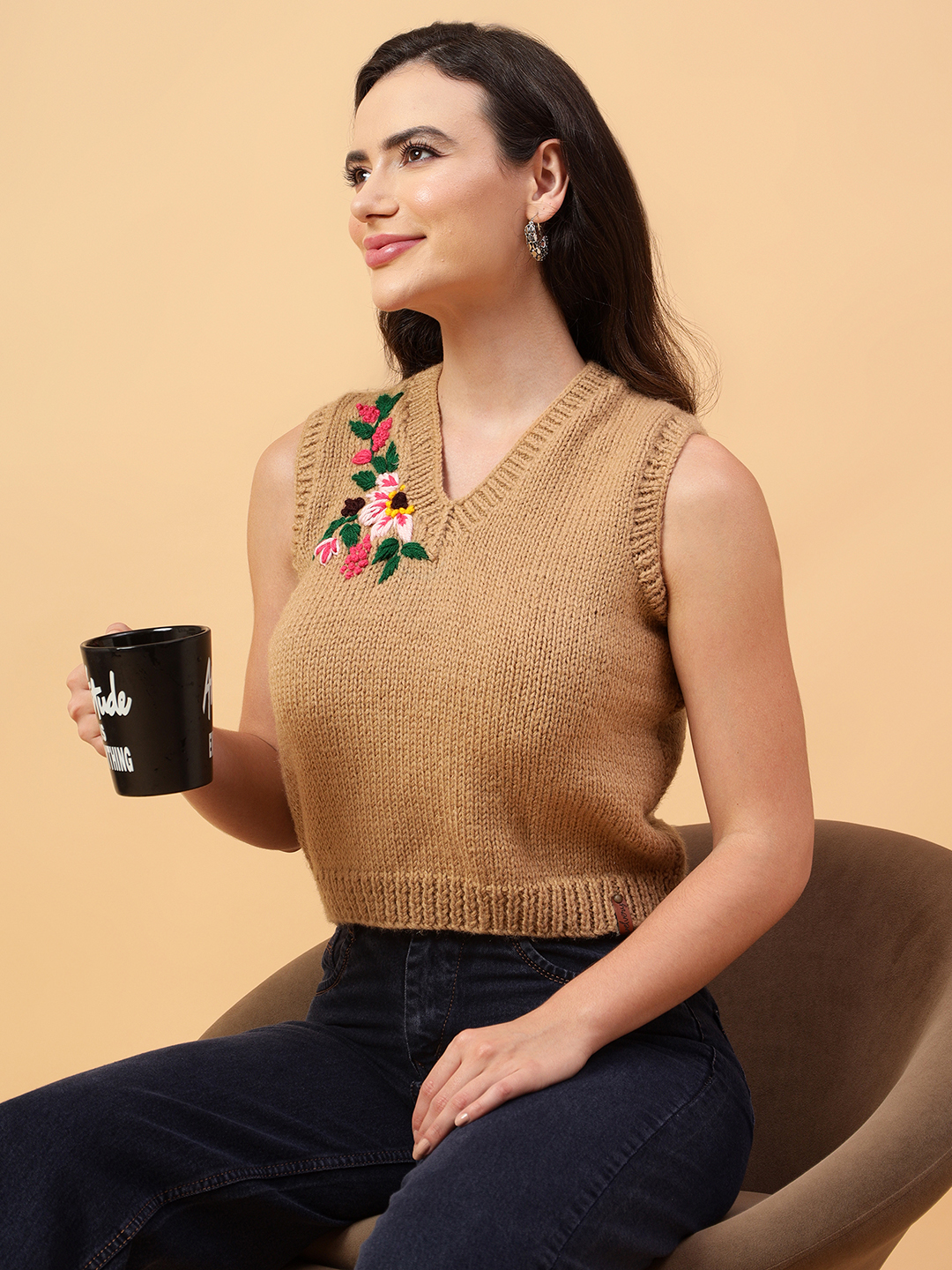 Velvery Handmade Brown Handknitted Embroidered V-Neck Sweater Vest