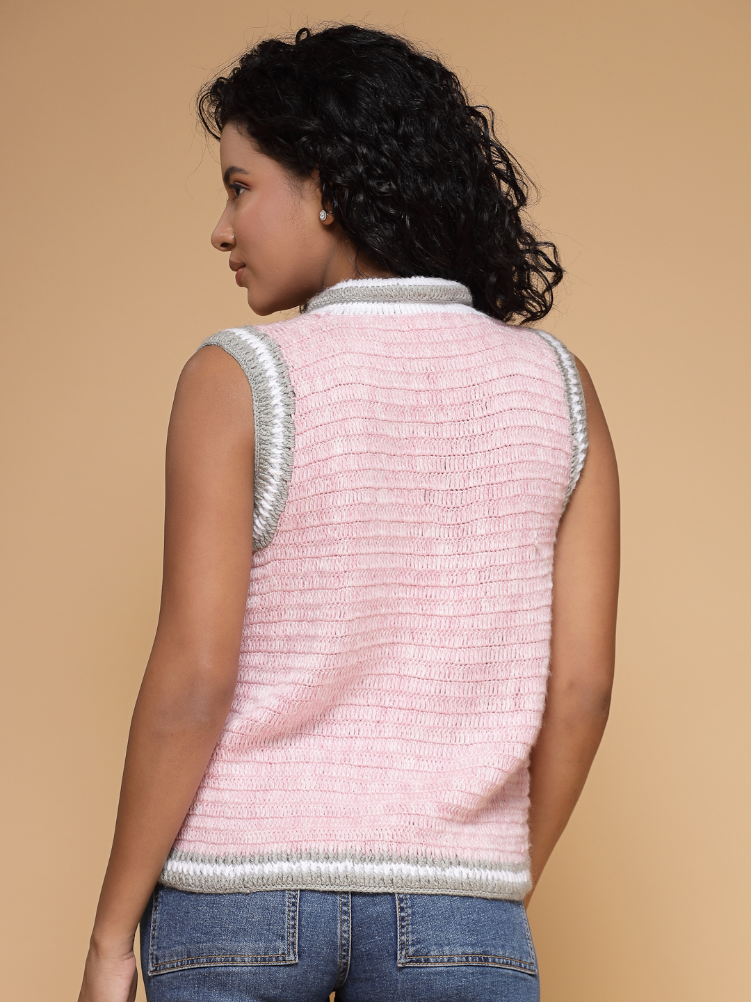 Velvery Handmade Pink Collar Detailed V-Neck Sweater Vest