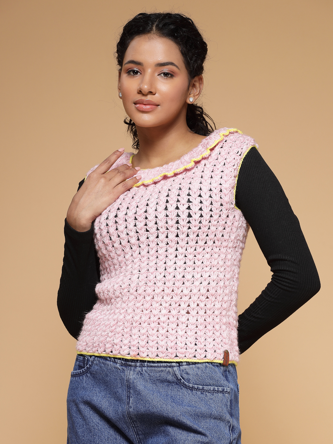 Velvery Handmade Pink Handmade Crochet Round Neck Sweater Vest