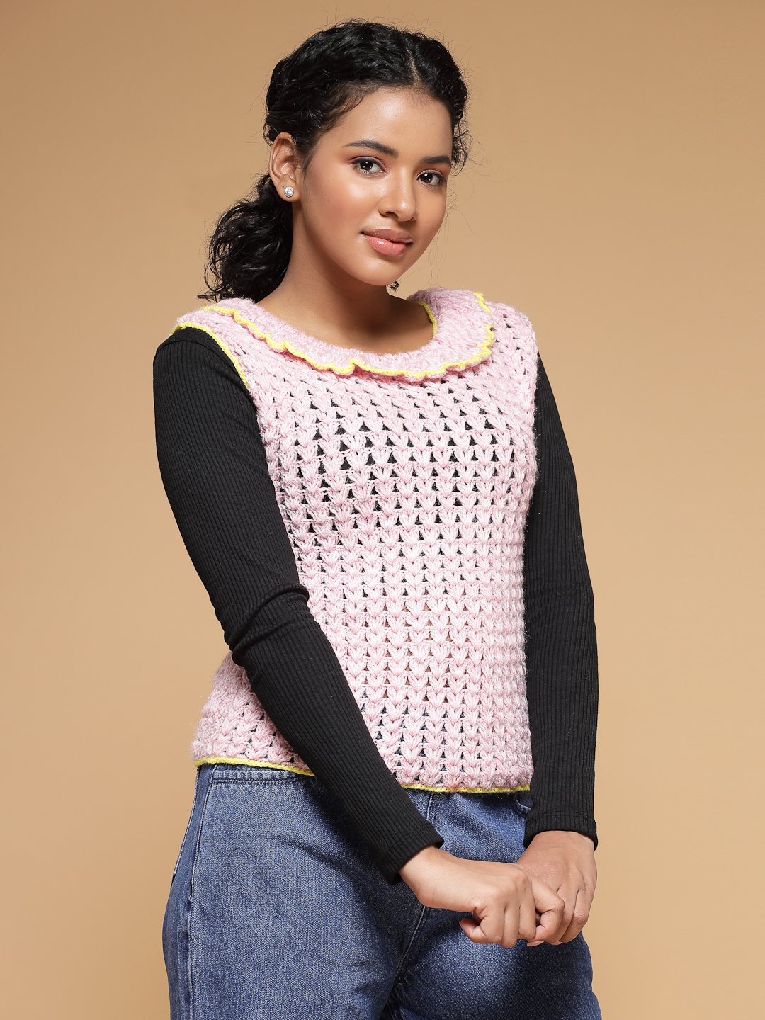 Velvery Handmade Pink Handmade Crochet Round Neck Sweater Vest