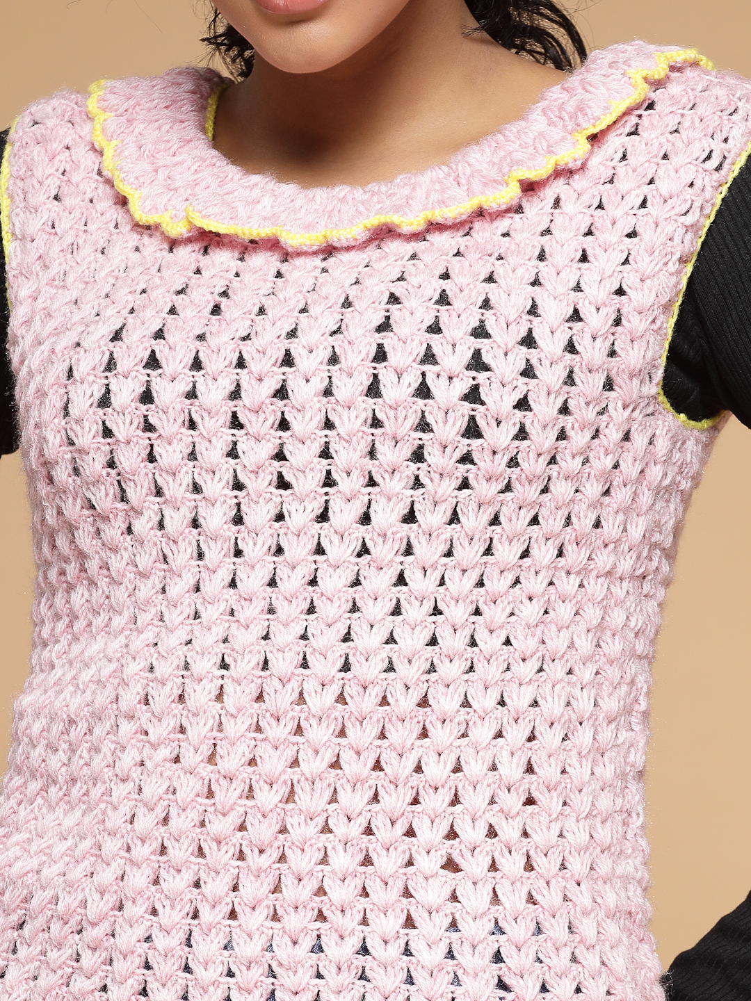 Velvery Handmade Pink Handmade Crochet Round Neck Sweater Vest