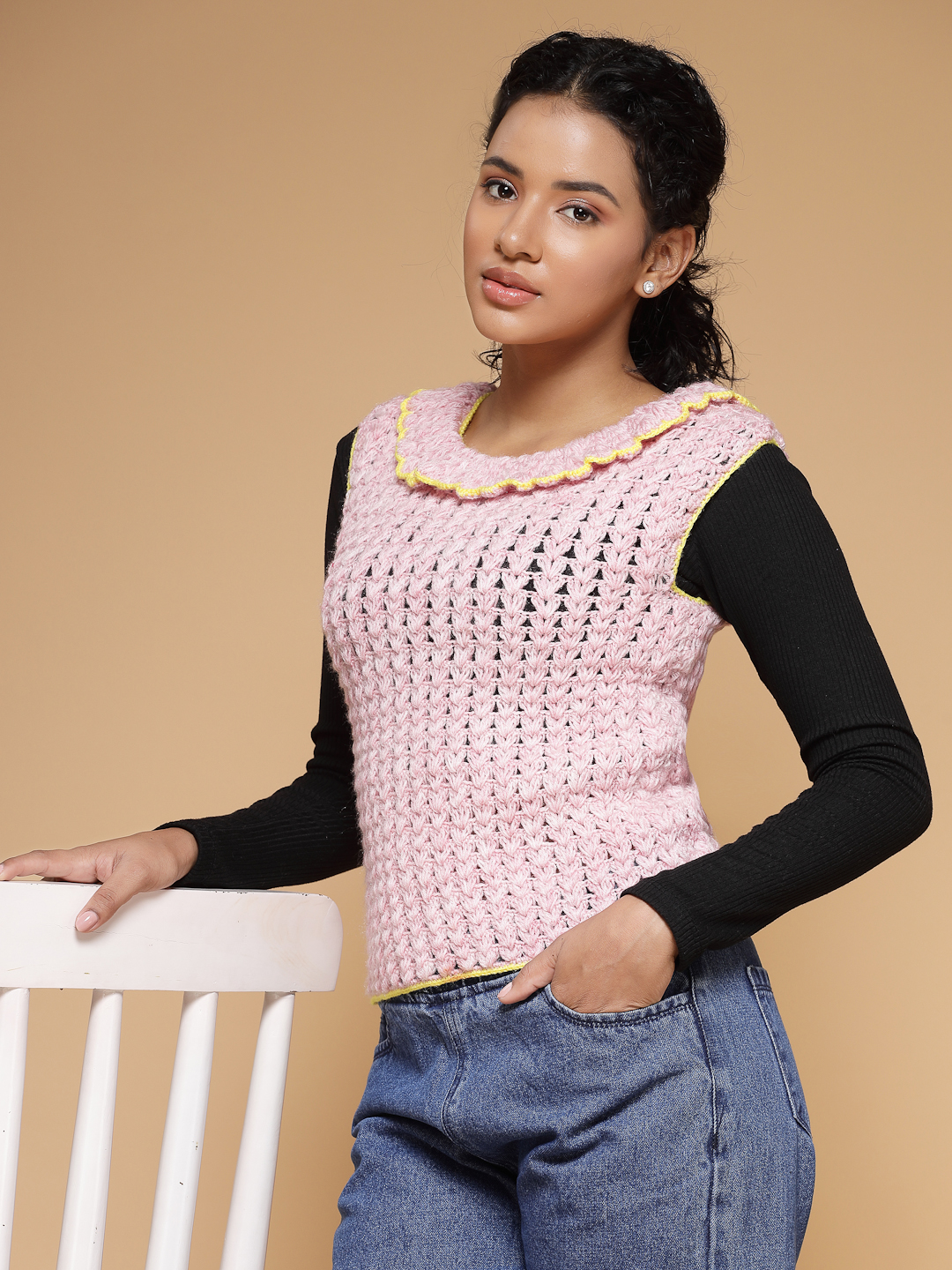Velvery Handmade Pink Handmade Crochet Round Neck Sweater Vest