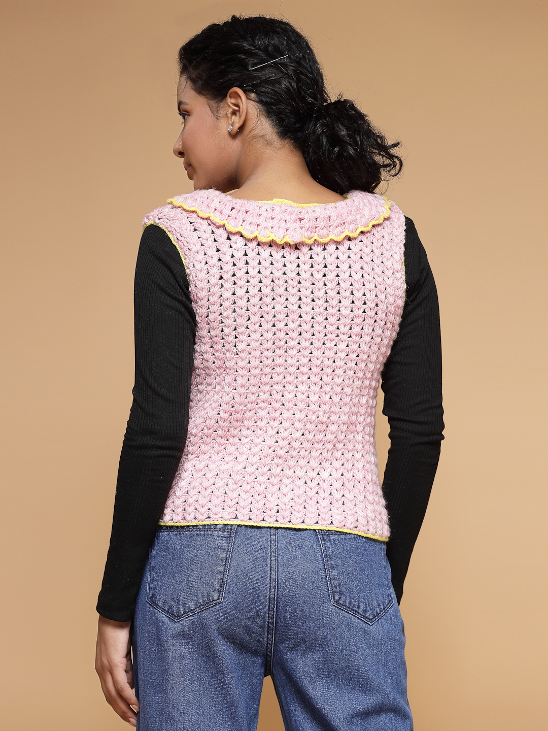 Velvery Handmade Pink Handmade Crochet Round Neck Sweater Vest