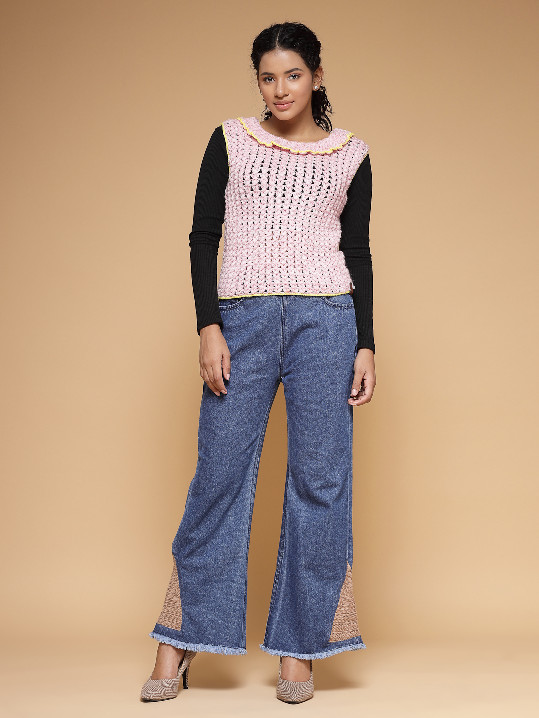 Velvery Handmade Pink Handmade Crochet Round Neck Sweater Vest