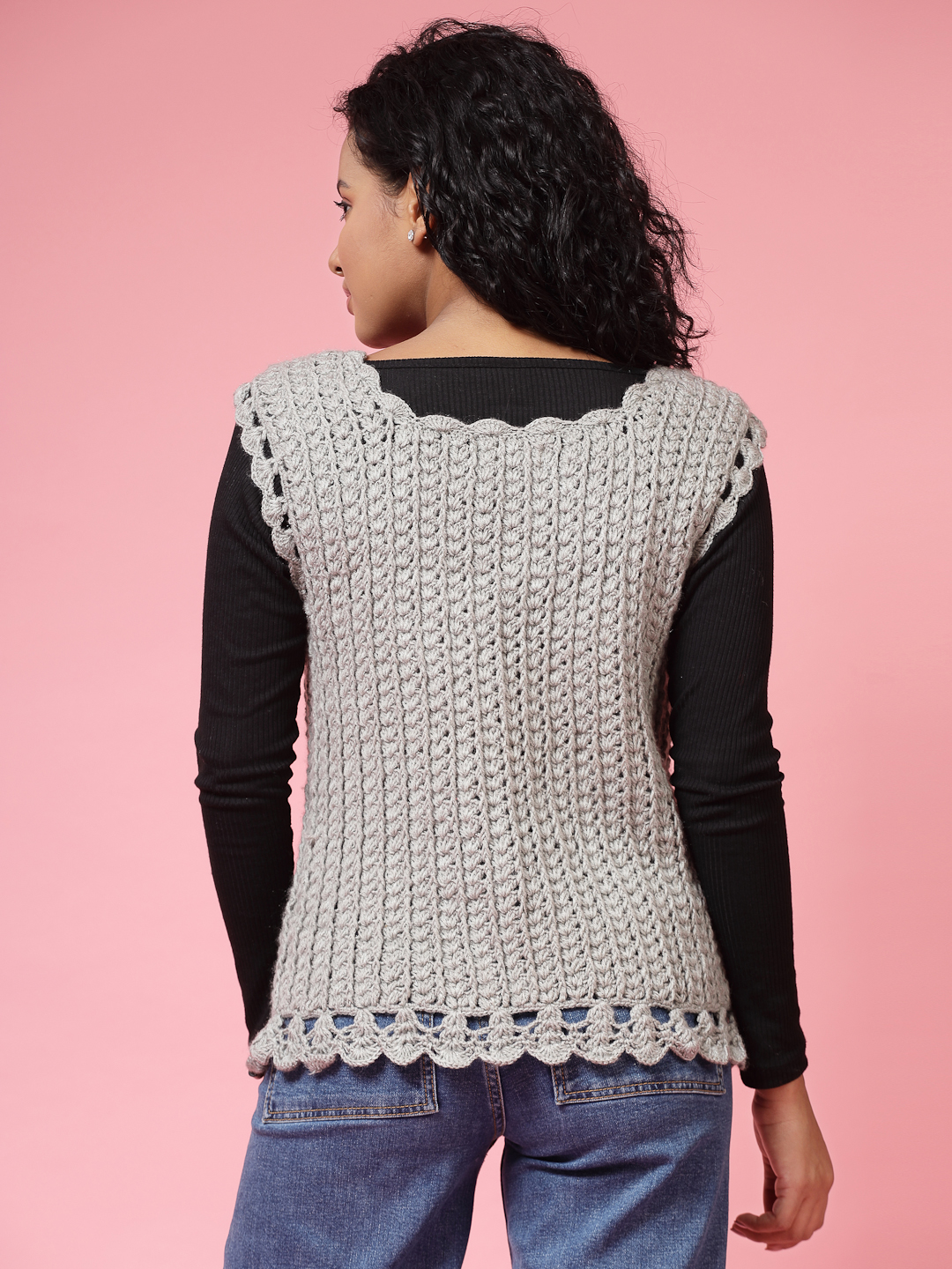 Velvery Handmade Grey Handmade Crochet Round Neck Sweater Vest