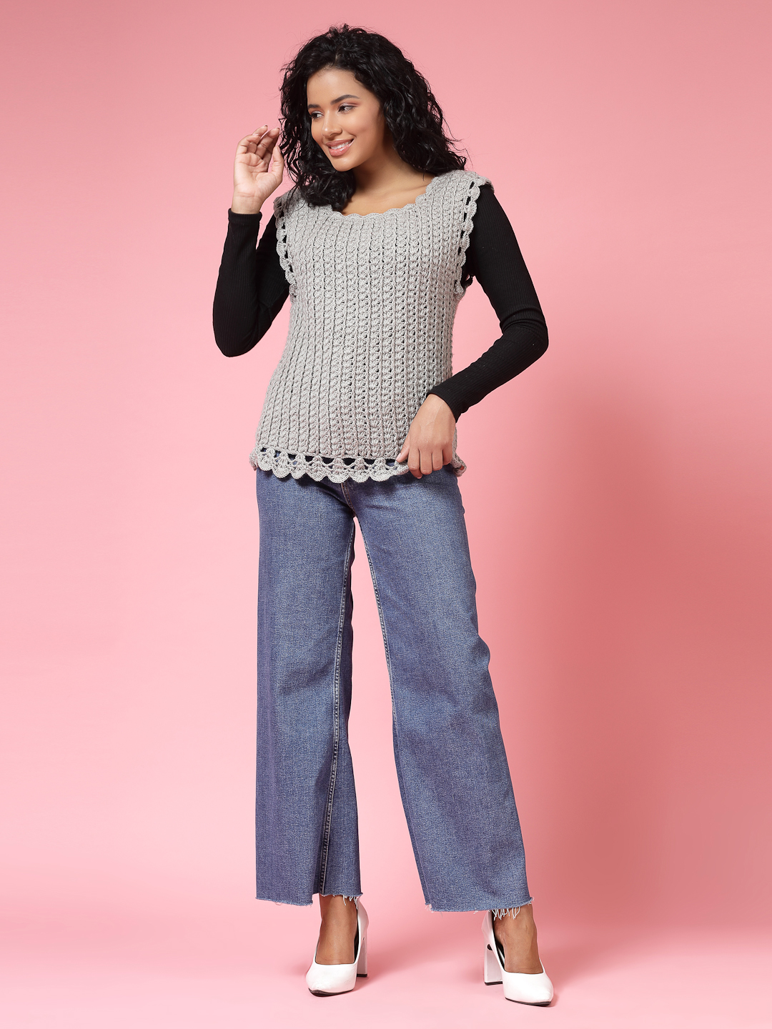 Velvery Handmade Grey Handmade Crochet Round Neck Sweater Vest