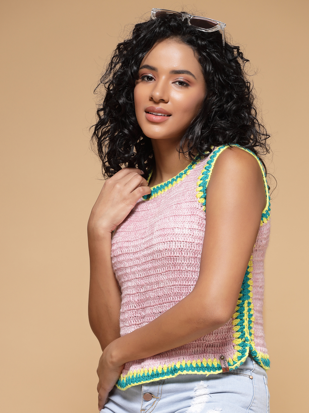 Velvery Handmade Pink Side Slit Round Neck Sweater Vest