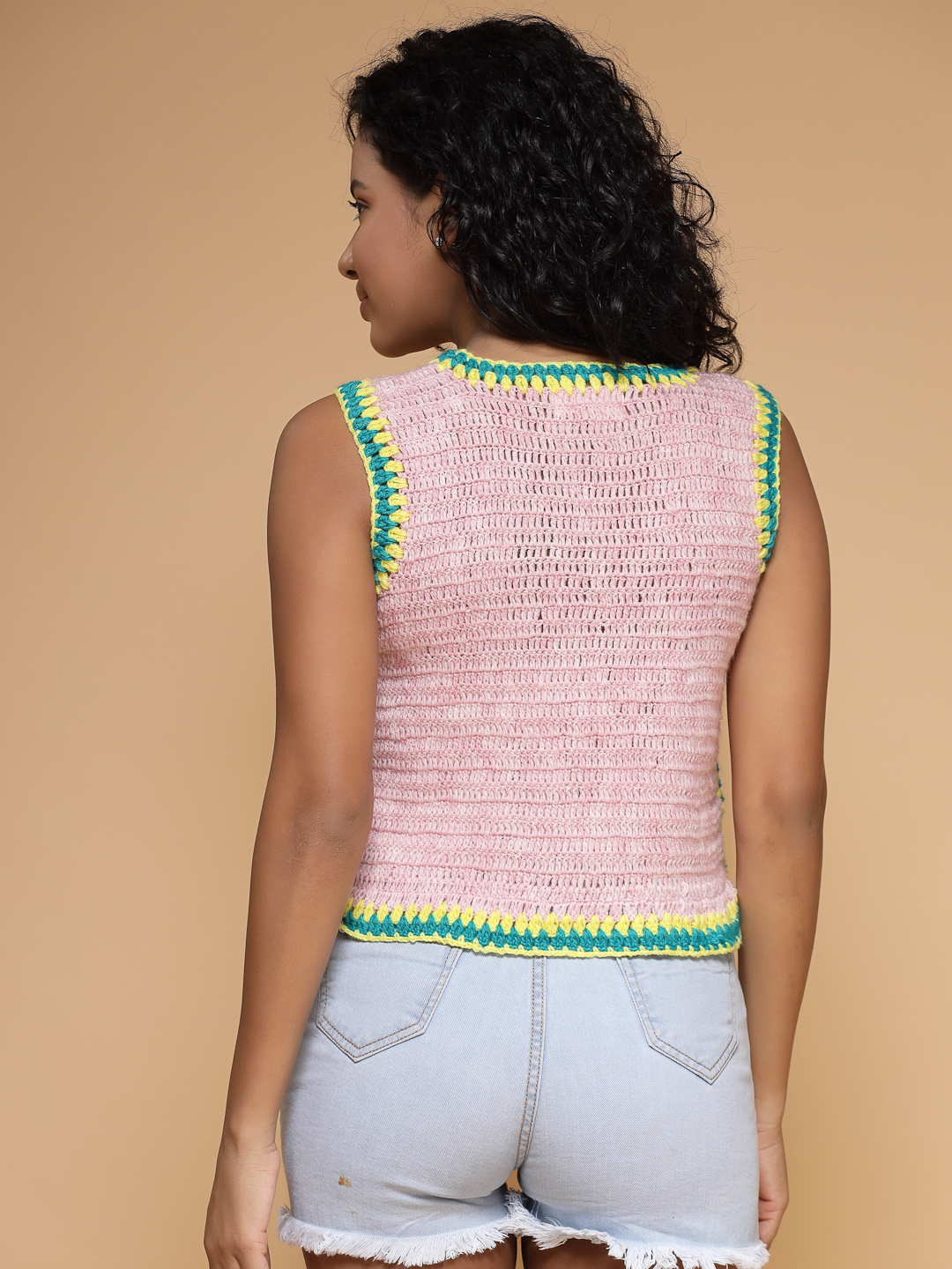 Velvery Handmade Pink Side Slit Round Neck Sweater Vest