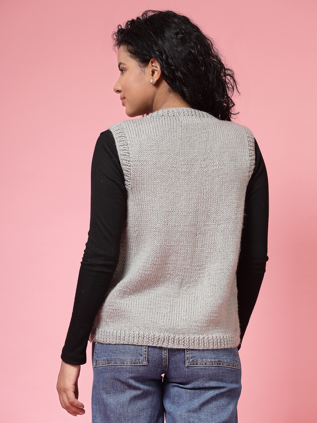Velvery Handmade Grey Handknitted Round Neck Sweater Vest
