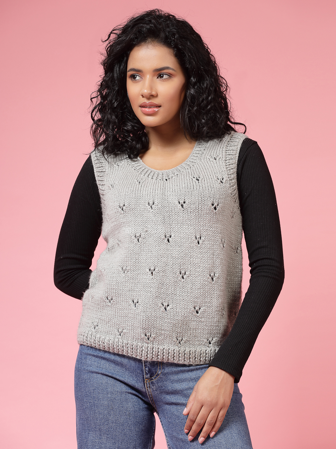 Velvery Handmade Grey Handknitted Round Neck Sweater Vest