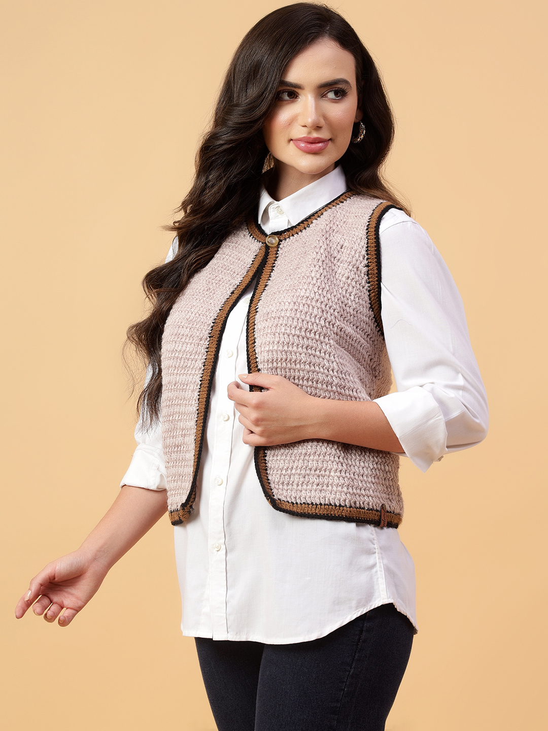 Velvery Handmade Cream & Brown Handmade Crochet V-Neck Cardigan