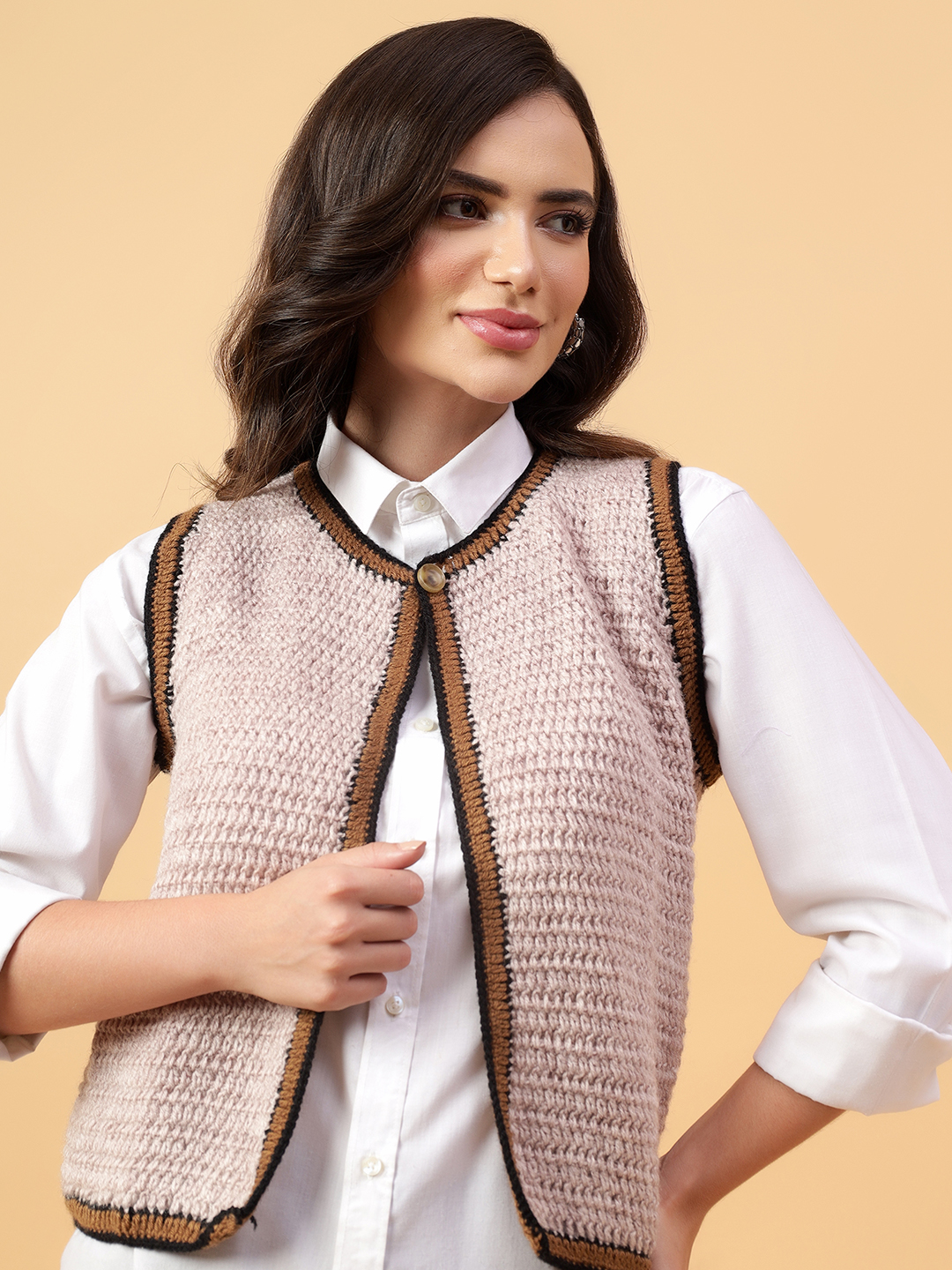 Velvery Handmade Cream & Brown Handmade Crochet V-Neck Cardigan