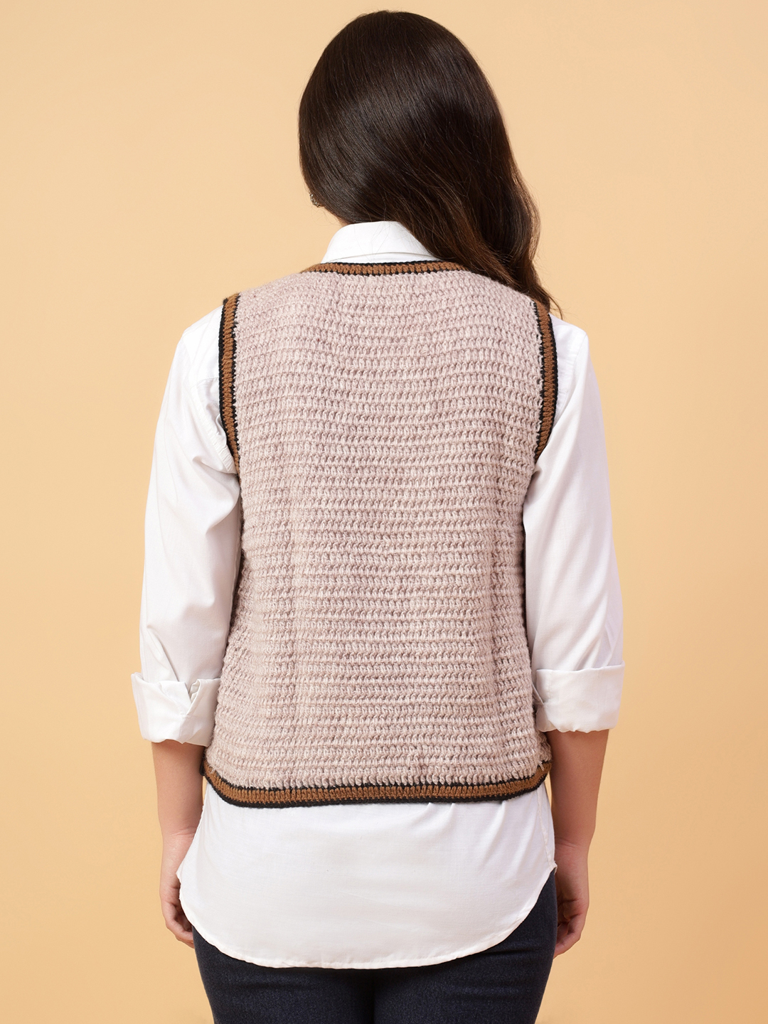 Velvery Handmade Cream & Brown Handmade Crochet V-Neck Cardigan
