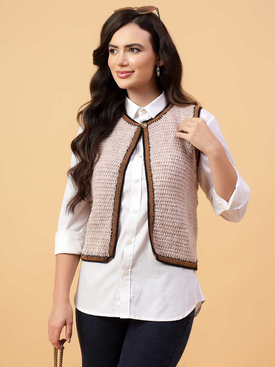 Velvery Handmade Cream & Brown Handmade Crochet V-Neck Cardigan