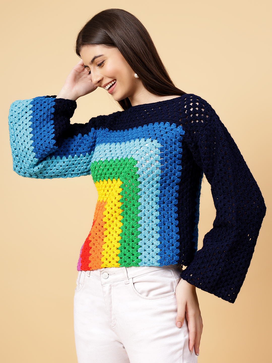 Velvery Handmade Multi Multicolored Crochet Round Neck Pullover
