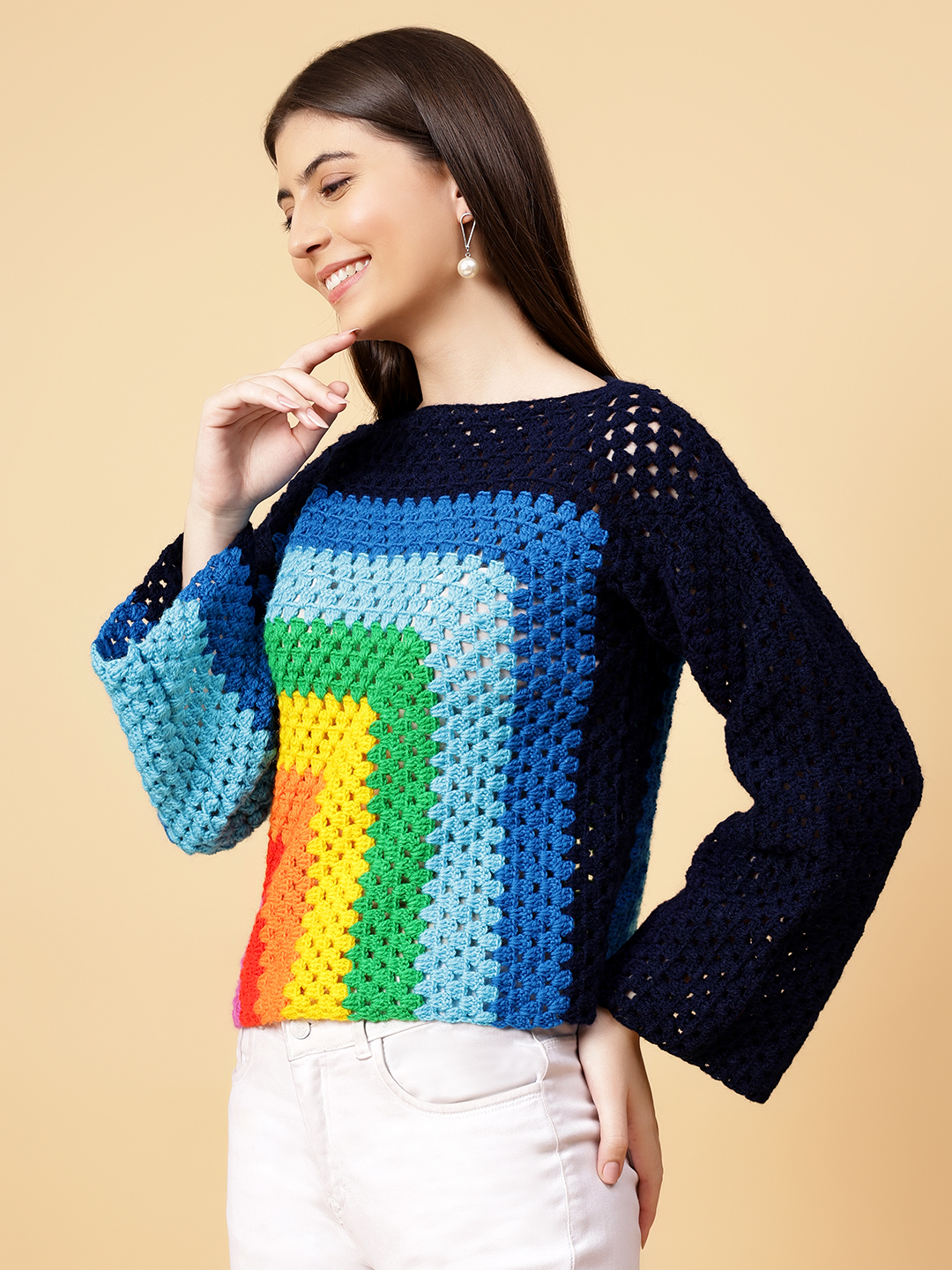 Velvery Handmade Multi Multicolored Crochet Round Neck Pullover