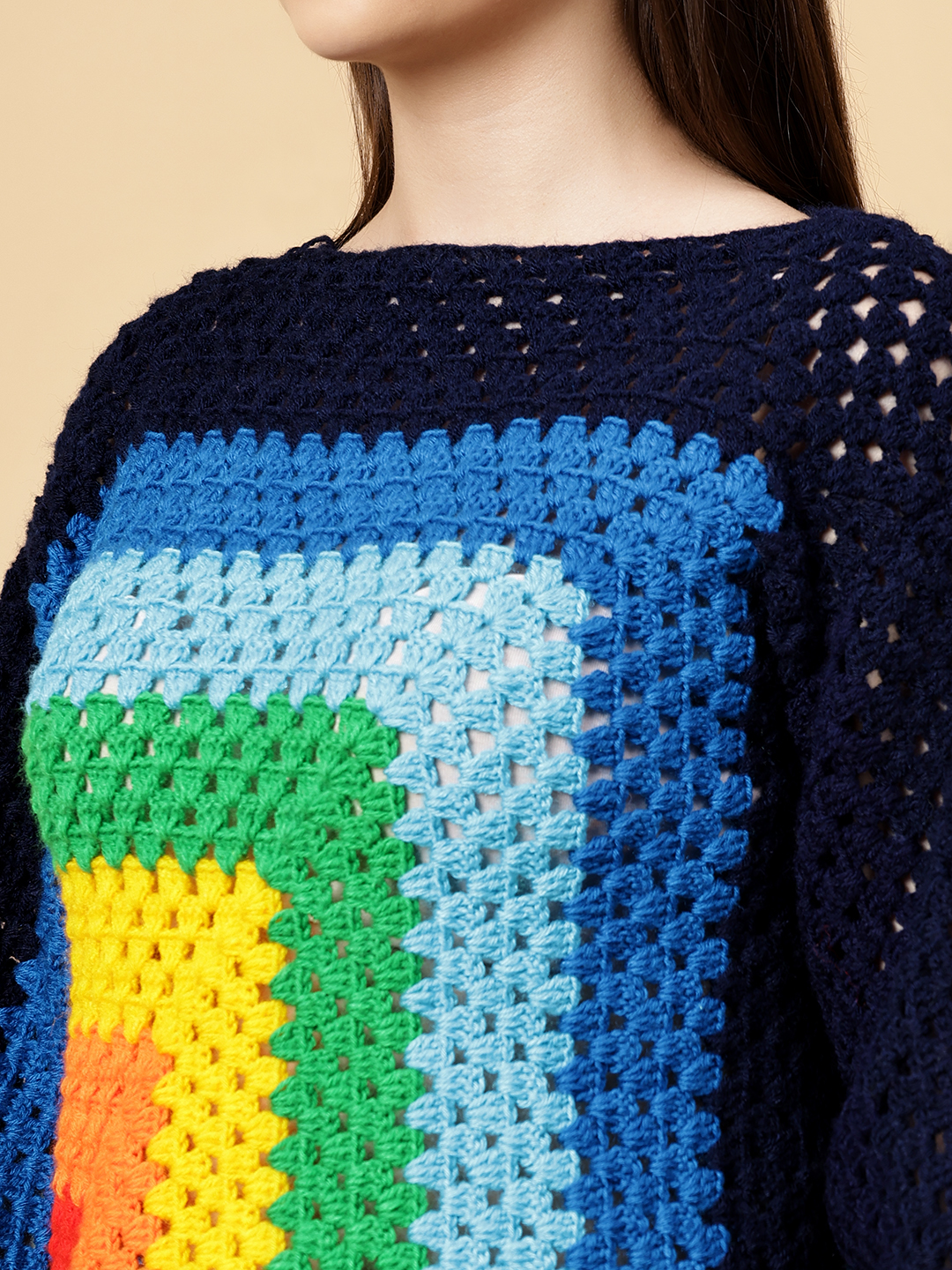Velvery Handmade Multi Multicolored Crochet Round Neck Pullover