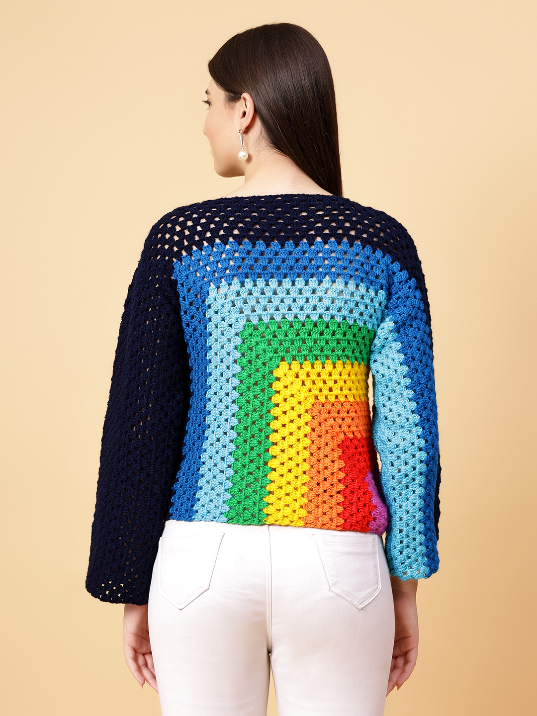 Velvery Handmade Multi Multicolored Crochet Round Neck Pullover