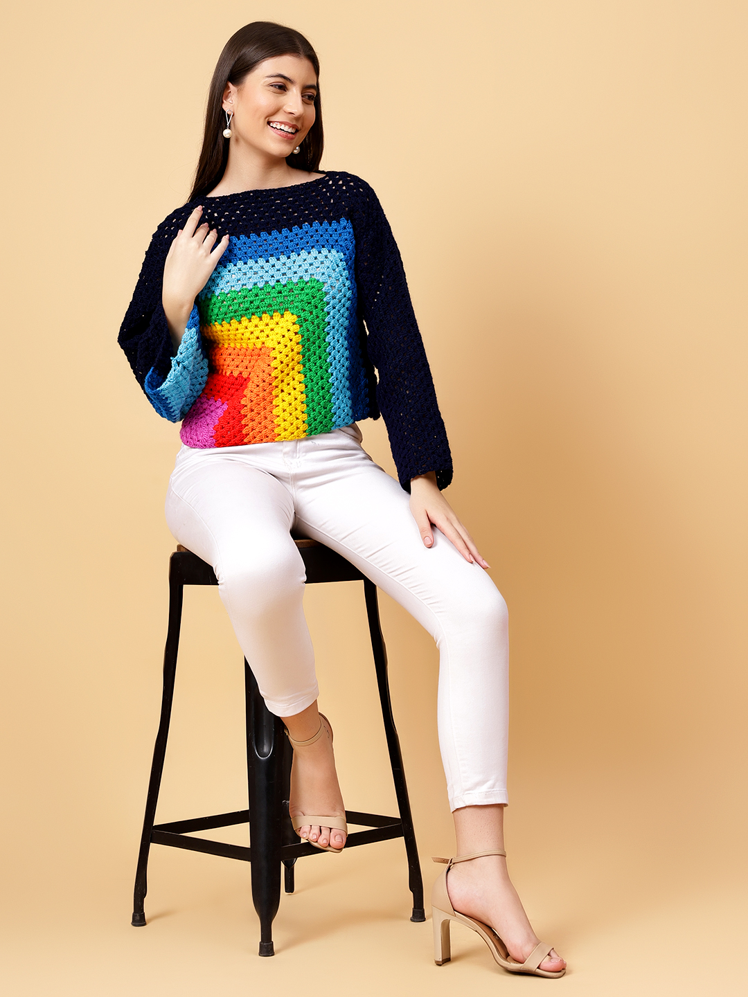 Velvery Handmade Multi Multicolored Crochet Round Neck Pullover
