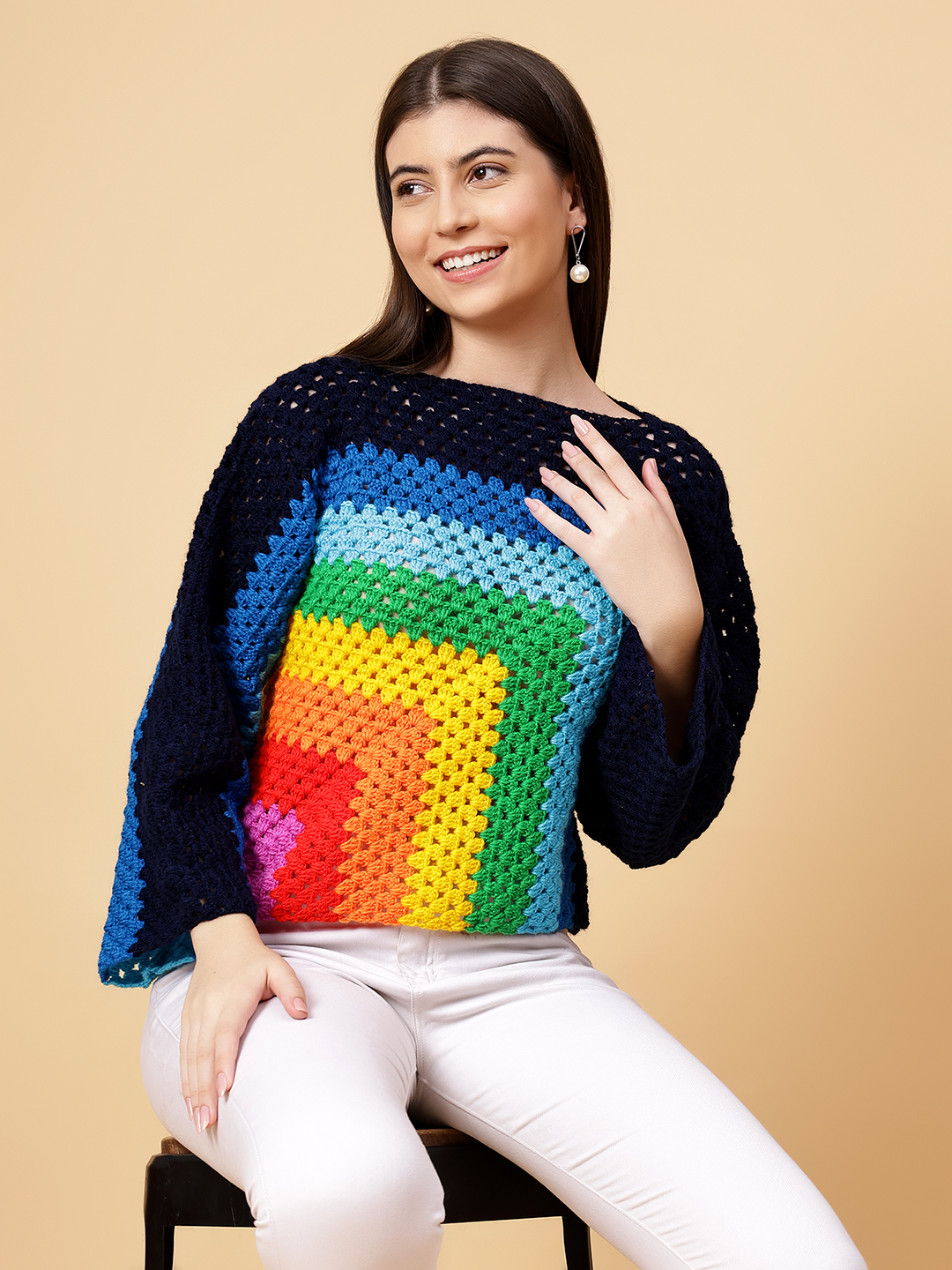 Velvery Handmade Multi Multicolored Crochet Round Neck Pullover