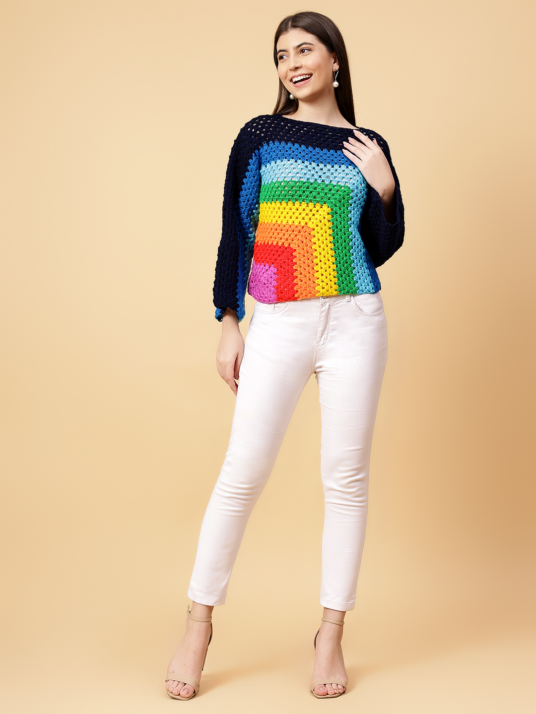 Velvery Handmade Multi Multicolored Crochet Round Neck Pullover