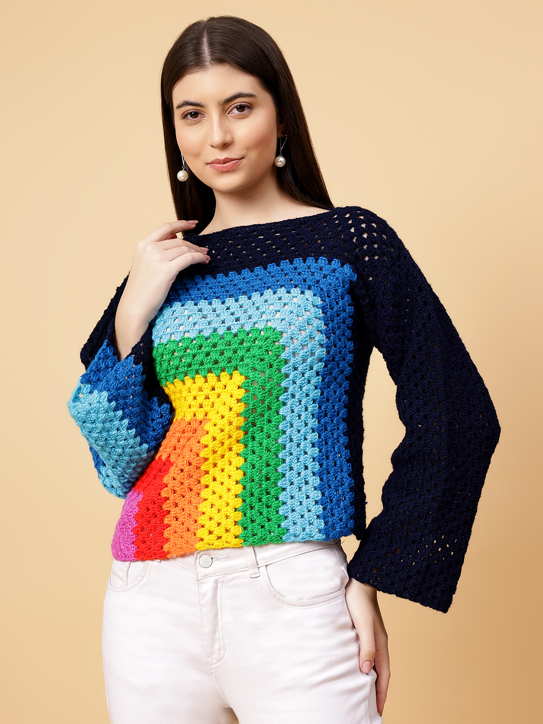 Velvery Handmade Multi Multicolored Crochet Round Neck Pullover