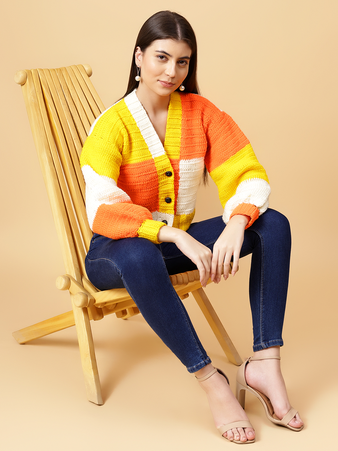 Velvery Handmade Orange Color Block Crochet V-Neck Cardigan