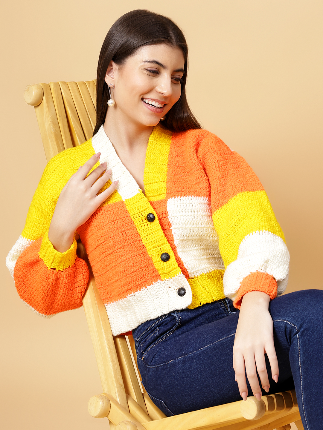 Velvery Handmade Orange Color Block Crochet V-Neck Cardigan