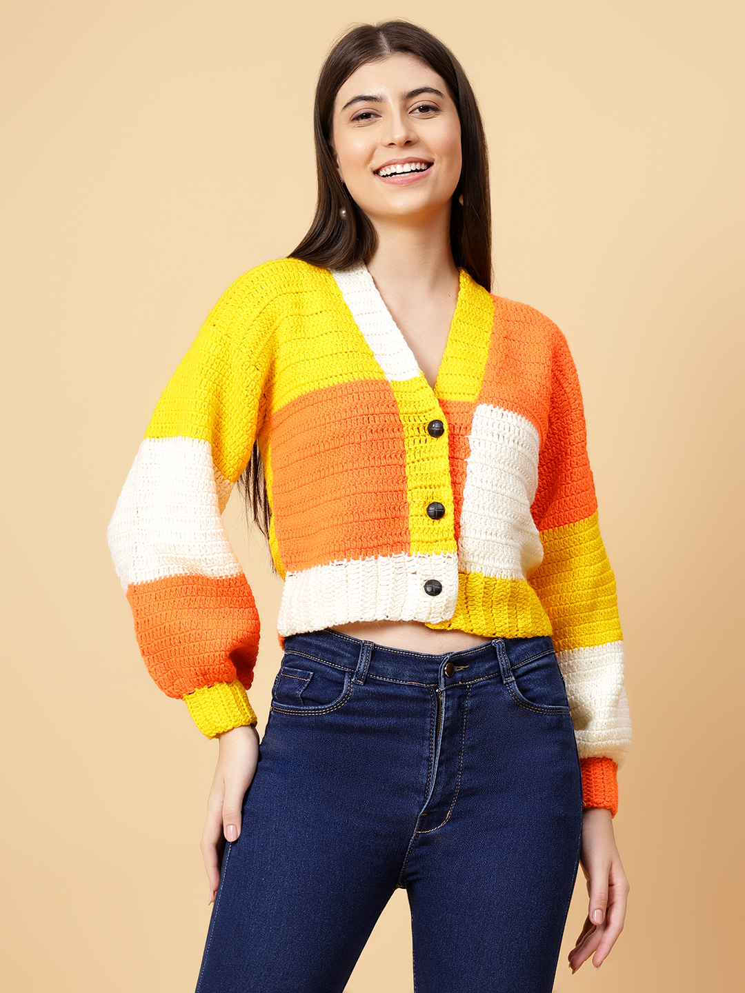 Velvery Handmade Orange Color Block Crochet V-Neck Cardigan