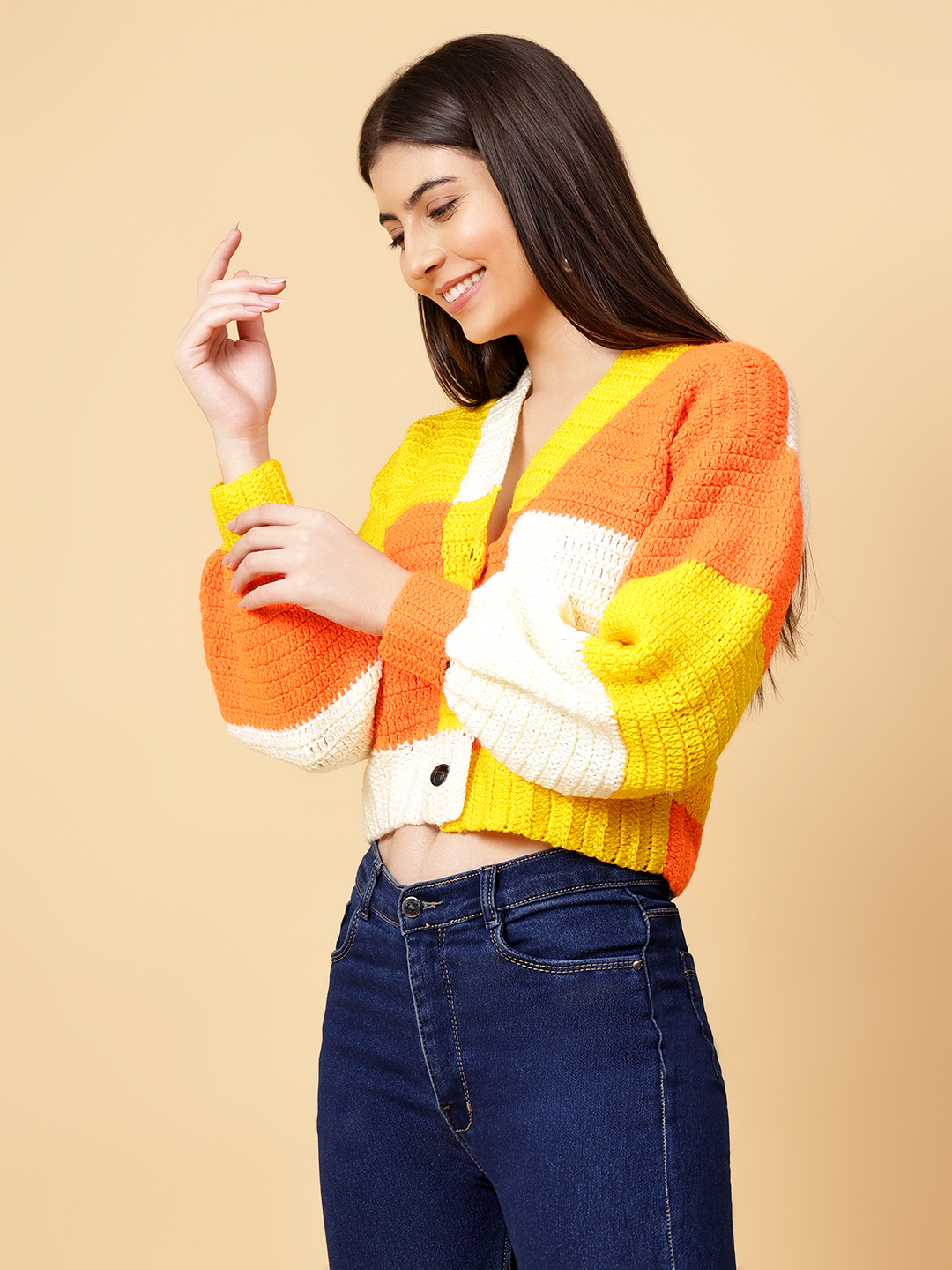Velvery Handmade Orange Color Block Crochet V-Neck Cardigan