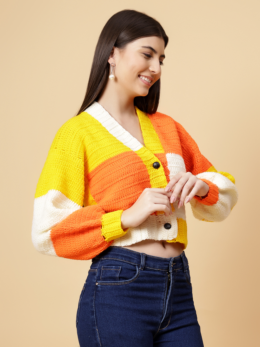 Velvery Handmade Orange Color Block Crochet V-Neck Cardigan