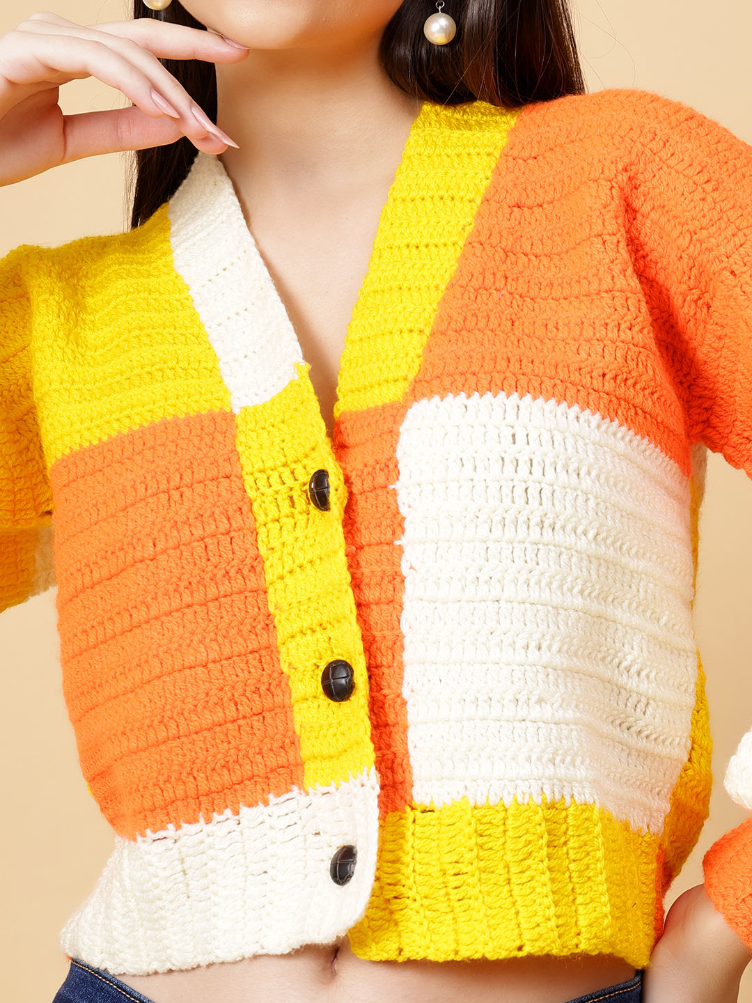 Velvery Handmade Orange Color Block Crochet V-Neck Cardigan