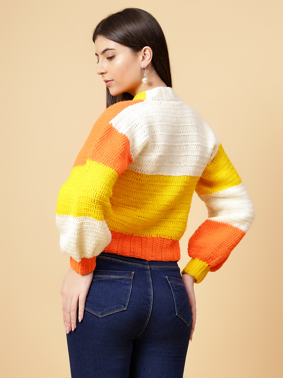 Velvery Handmade Orange Color Block Crochet V-Neck Cardigan