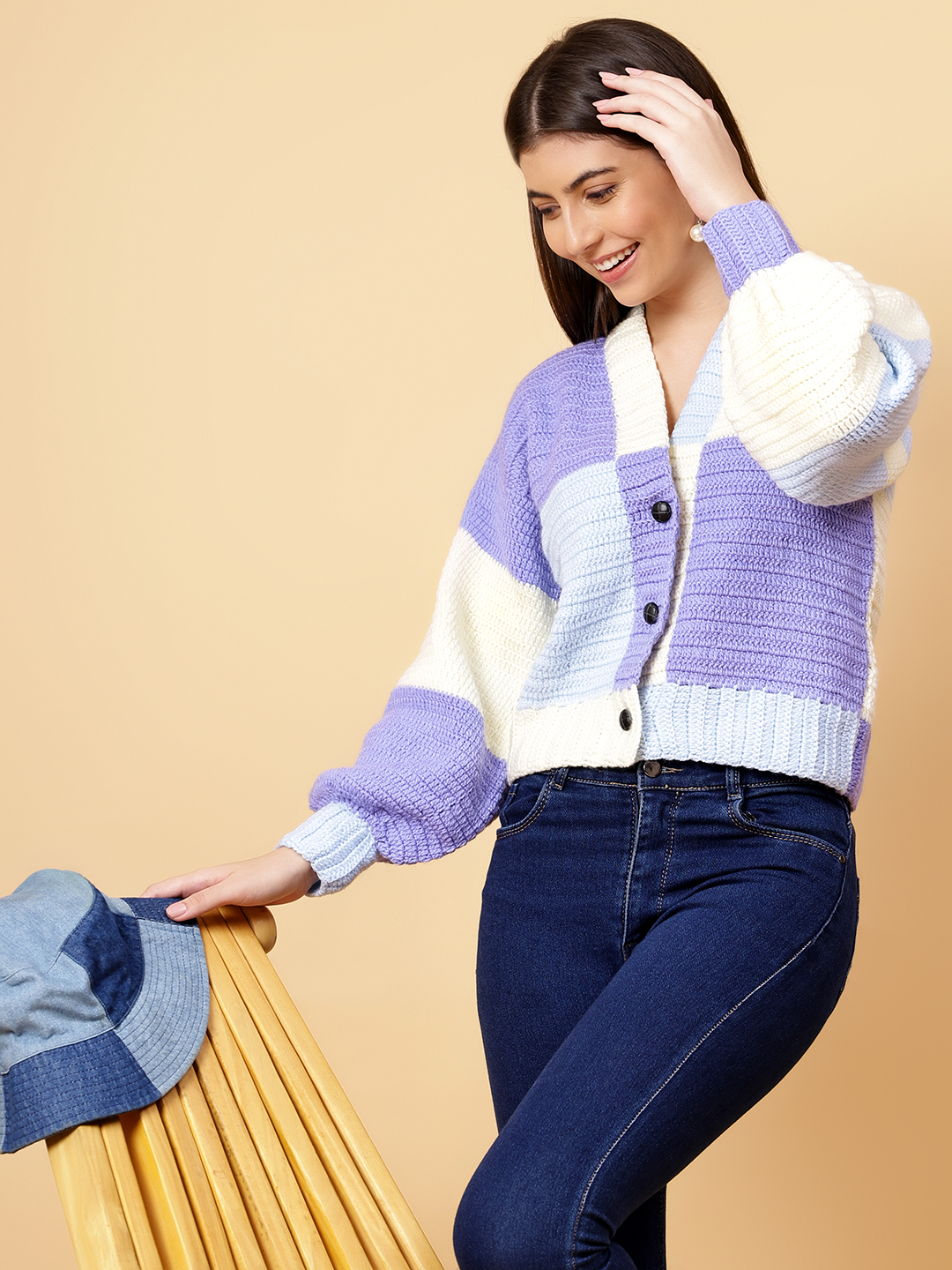 Velvery Handmade Purple Color Block Crochet V-Neck Cardigan