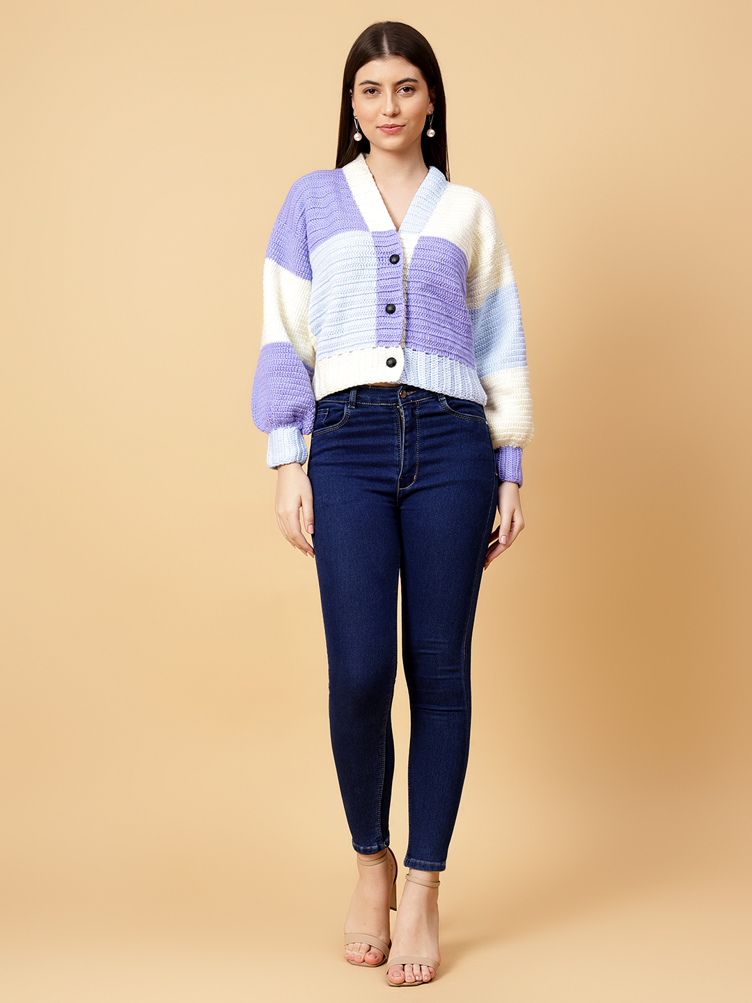 Velvery Handmade Purple Color Block Crochet V-Neck Cardigan