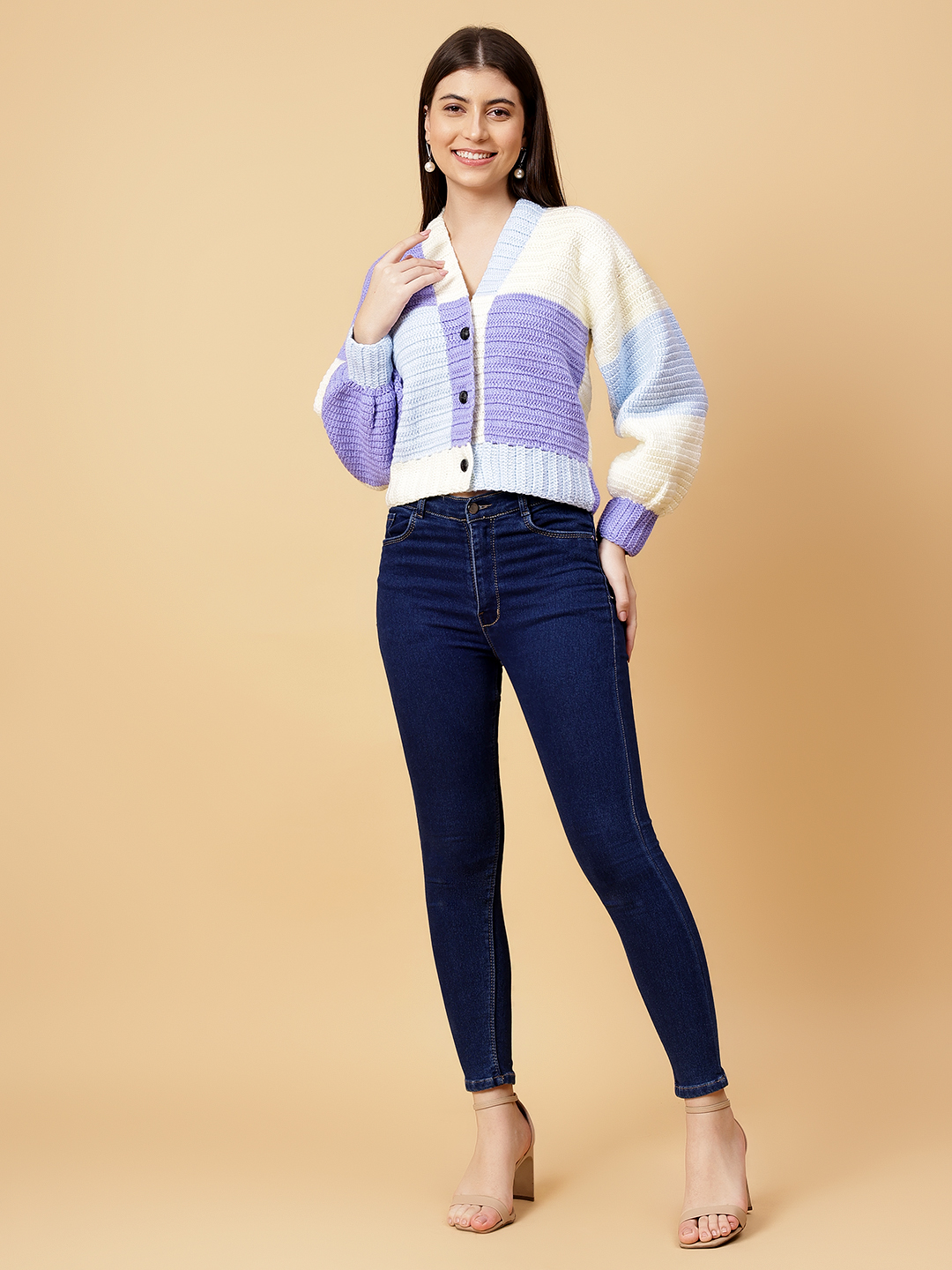 Velvery Handmade Purple Color Block Crochet V-Neck Cardigan